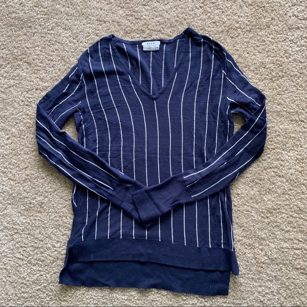 DKNY Striped Fine Knit V-Neck Lightweight Sweater